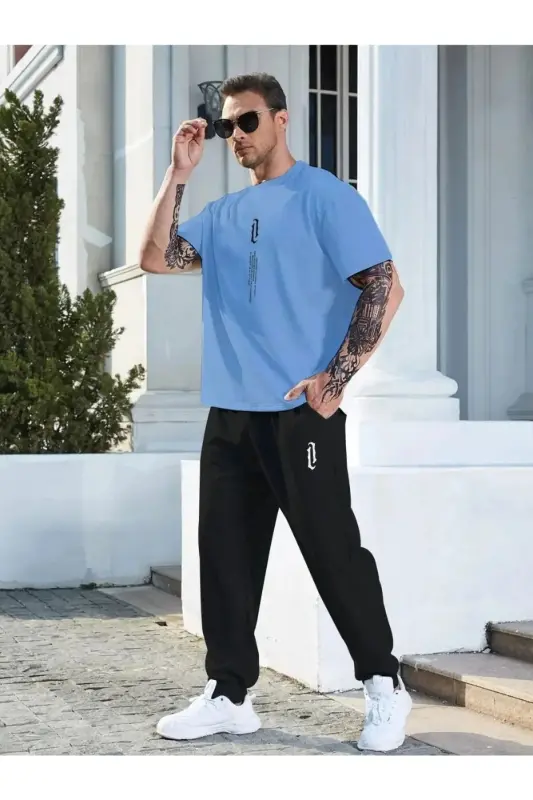 UNISEX Bosma futbolka - Velosiped yoqali futbolka va Jogger sport shimlar - OCHIQ KO'K - DAXİS SPORTWEAR COMPANY