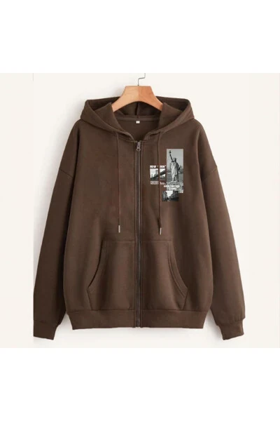Unisex Brown New York Zippered Hooded Sweatshirt - ALTAMIRA