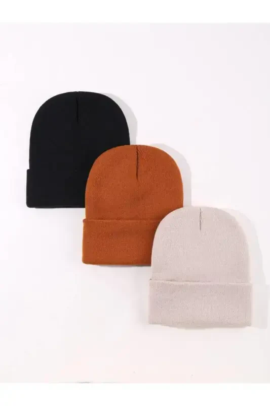 Unisex Buklamali Qora, g'isht, tosh 3-li Shlyapa To'plami-Qora - EKE TEKSTIL