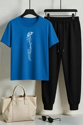 Unisex Butterfly Song Baskılı 2'li Eşofman Takımı-Mavi̇ - 1