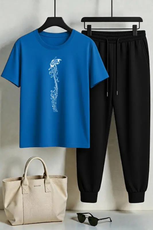 Unisex Butterfly Song Baskılı 2'li Eşofman Takımı-Mavi̇ - 1