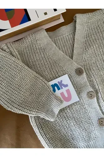 Unisex Buttoned Thessaloniki Knit Cardigan Beige Color-STONE COLOR BEIGE - MINIBONCLUB (1)