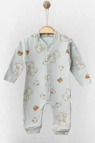 Unisex chaqaloq ayiqcha bosmali fitilli mato tugmachali yangi tug'ilgan chaqaloq kombinezoni 100% paxta elastik 1-3-6oy-YASHIL AYIQCHA 