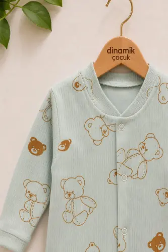 Unisex chaqaloq ayiqcha bosmali fitilli mato tugmachali yangi tug'ilgan chaqaloq kombinezoni 100% paxta elastik 1-3-6oy-YASHIL AYIQCHA - DINAMIK ÇOCUK (1)