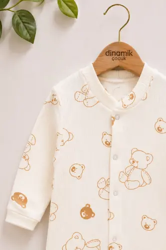 Unisex chaqaloq ayiqcha bosmali fitilli matoli tugmachali yangi tug'ilgan chaqaloq kombinezoni 100% paxta elastik 1-3-6 oy-OQ AYIQCHA - DINAMIK ÇOCUK (1)