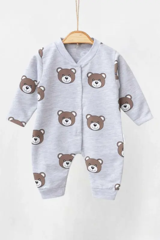 Unisex chaqaloq ayiqchali bosma naqshli tugmachali yangi tug'ilgan chaqaloq kombinezoni 100% paxta elastik 1-3-6 oylik-Kulrang - DINAMIK ÇOCUK