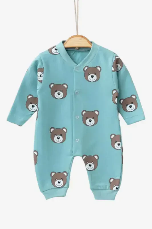 Unisex chaqaloq ayiqchali bosmali tugmachali yangi tug'ilgan chaqaloq kombinezoni %100 paxta elastik 1-3-6 oylik-SUYEŞİLİAYI - DINAMIK ÇOCUK