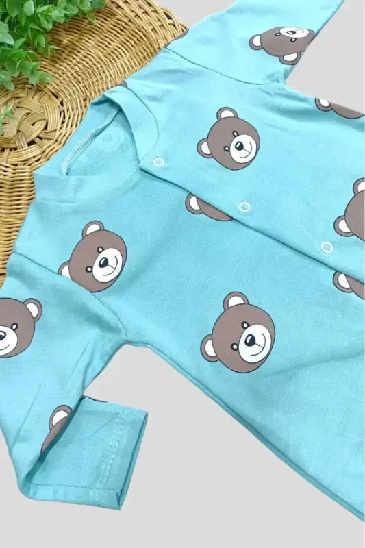 Unisex chaqaloq ayiqchali bosmali tugmachali yangi tug'ilgan chaqaloq kombinezoni %100 paxta elastik 1-3-6 oylik-SUYEŞİLİAYI - 3