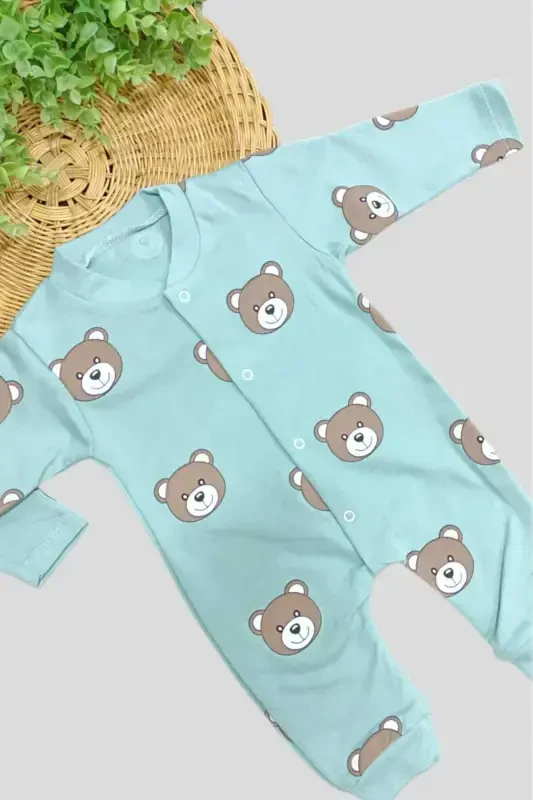 Unisex chaqaloq ayiqchali bosmali tugmachali yangi tug'ilgan chaqaloq kombinezoni %100 paxta elastik 1-3-6 oylik-SUYEŞİLİAYI - 4