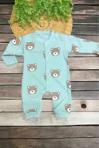 Unisex chaqaloq ayiqchali bosmali tugmachali yangi tug'ilgan chaqaloq kombinezoni %100 paxta elastik 1-3-6 oylik-SUYEŞİLİAYI - 5