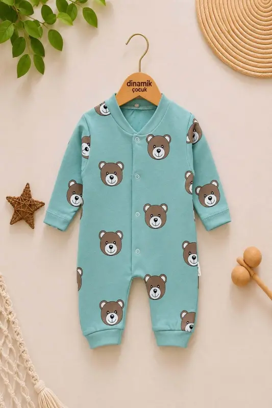 Unisex chaqaloq ayiqchali bosmali tugmachali yangi tug'ilgan chaqaloq kombinezoni %100 paxta elastik 1-3-6 oylik-SUYEŞİLİAYI - 1