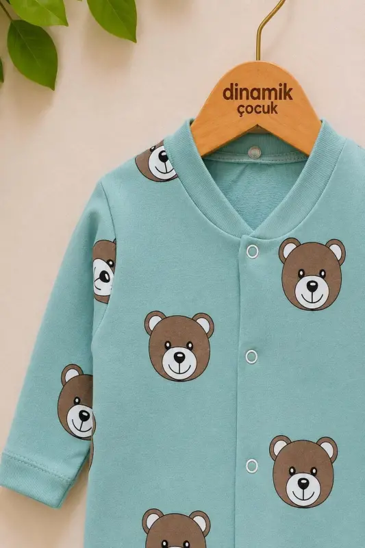 Unisex chaqaloq ayiqchali bosmali tugmachali yangi tug'ilgan chaqaloq kombinezoni %100 paxta elastik 1-3-6 oylik-SUYEŞİLİAYI - 2