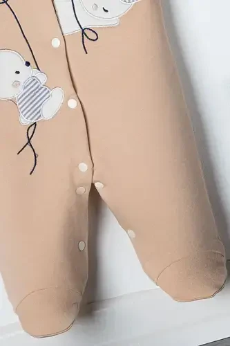 Unisex Chaqaloq Quyon Kashtali 3-6-9 Oy Penye Organik Paxtali Paypoqli Chaqaloq Kombinezoni-BEJ - MINIEL (1)