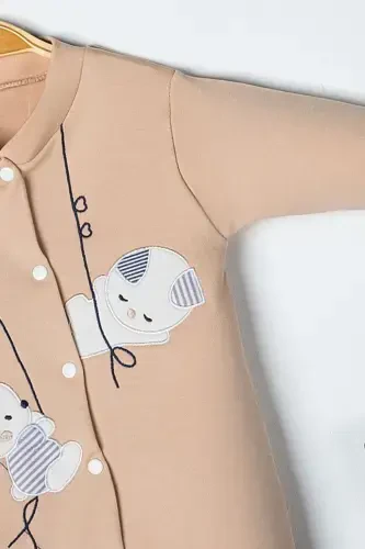 Unisex Chaqaloq Quyon Kashtali 3-6-9 Oy Penye Organik Paxtali Paypoqli Chaqaloq Kombinezoni-BEJ - 3