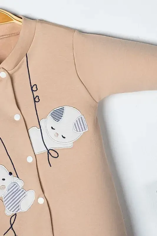 Unisex Chaqaloq Quyon Kashtali 3-6-9 Oy Penye Organik Paxtali Paypoqli Chaqaloq Kombinezoni-BEJ - 3