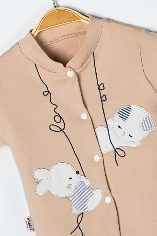 Unisex Chaqaloq Quyon Kashtali 3-6-9 Oy Penye Organik Paxtali Paypoqli Chaqaloq Kombinezoni-BEJ - 4