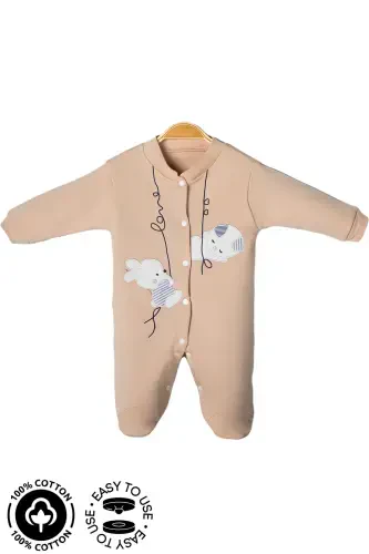 Unisex Chaqaloq Quyon Kashtali 3-6-9 Oy Penye Organik Paxtali Paypoqli Chaqaloq Kombinezoni-BEJ - 6