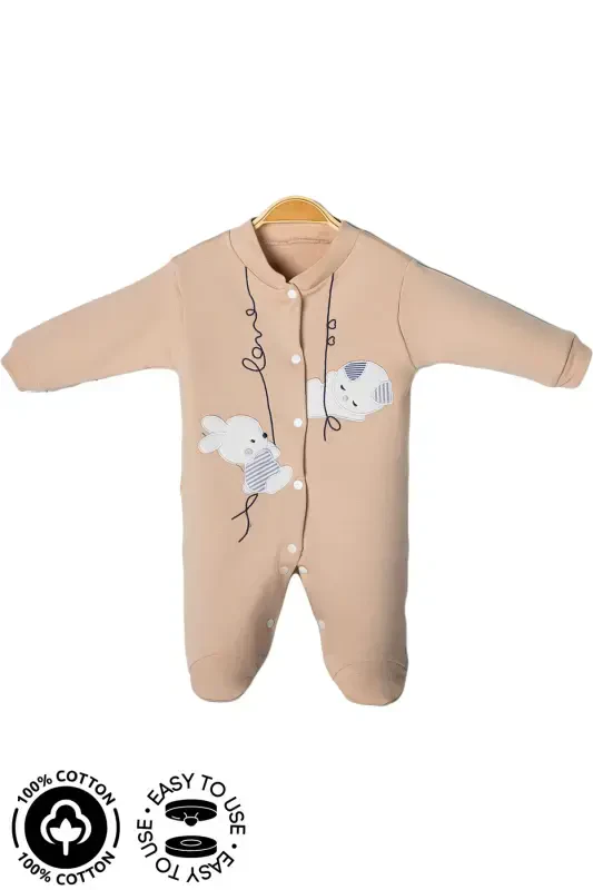 Unisex Chaqaloq Quyon Kashtali 3-6-9 Oy Penye Organik Paxtali Paypoqli Chaqaloq Kombinezoni-BEJ - 6