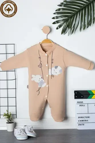 Unisex Chaqaloq Quyon Kashtali 3-6-9 Oy Penye Organik Paxtali Paypoqli Chaqaloq Kombinezoni-BEJ - 7