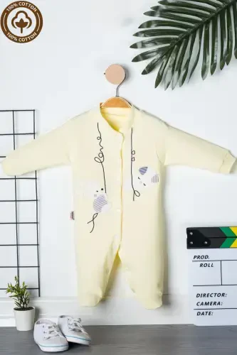 Unisex chaqaloq quyon kashtasi tushirilgan 3-6-9 oylik trikotaj organik paxtali paypoqli chaqaloq kombinezoni - SARIQ - MINIEL (1)