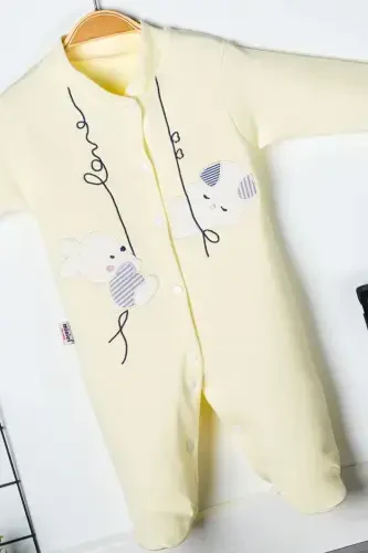 Unisex chaqaloq quyon kashtasi tushirilgan 3-6-9 oylik trikotaj organik paxtali paypoqli chaqaloq kombinezoni - SARIQ - 3