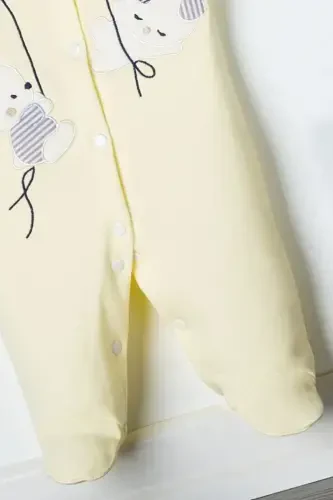 Unisex chaqaloq quyon kashtasi tushirilgan 3-6-9 oylik trikotaj organik paxtali paypoqli chaqaloq kombinezoni - SARIQ - 4