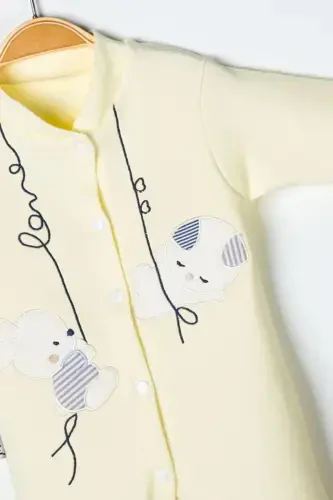 Unisex chaqaloq quyon kashtasi tushirilgan 3-6-9 oylik trikotaj organik paxtali paypoqli chaqaloq kombinezoni - SARIQ - 5