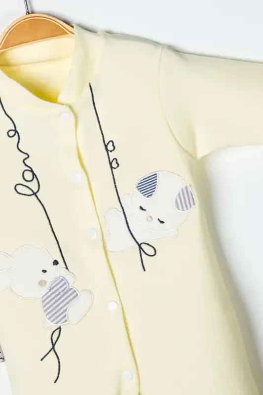 Unisex chaqaloq quyon kashtasi tushirilgan 3-6-9 oylik trikotaj organik paxtali paypoqli chaqaloq kombinezoni - SARIQ - 5