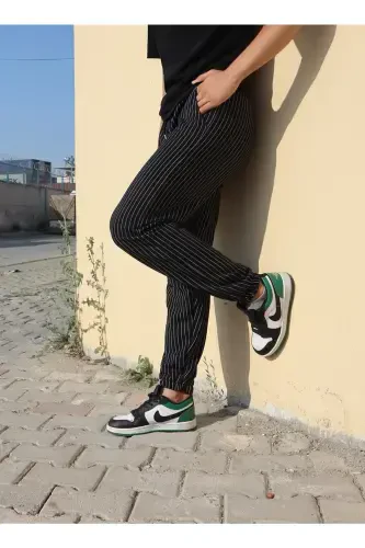 Unisex chiziqli bel va etagi rezinkali oddiy sport shimi - qora - 1