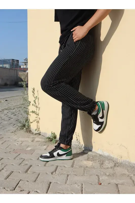 Unisex chiziqli bel va etagi rezinkali oddiy sport shimi - qora - MEMOWEAR