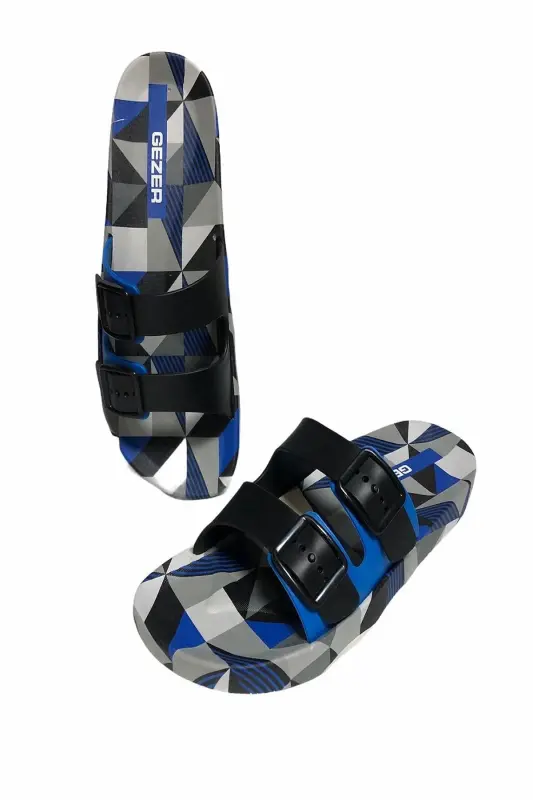 Unısex Çift Toka Kaydırmaz Havuz Plaj Banyo Ve Outdoor Terlik- Altın Adım Ayakkabı-ALACA LACİVEERT - GEZER