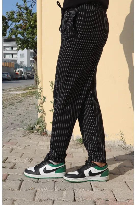 Unisex Çizgili Bel ve Paçası Lastikli Basic Eşofman Altı - siyah-czg - 3