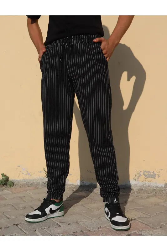 Unisex Çizgili Bel ve Paçası Lastikli Basic Eşofman Altı - siyah-czg - 4