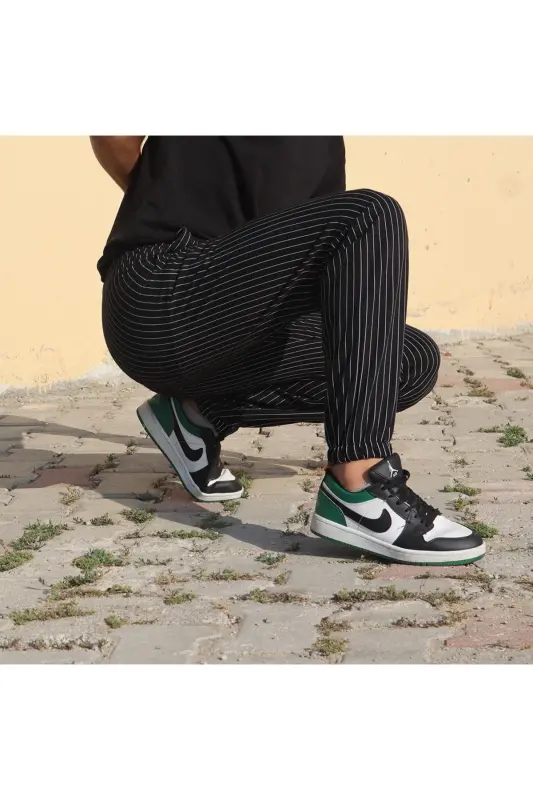 Unisex Çizgili Bel ve Paçası Lastikli Basic Eşofman Altı - siyah-czg - 5