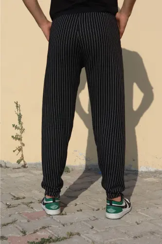 Unisex Çizgili Bel ve Paçası Lastikli Basic Eşofman Altı - siyah-czg - 6