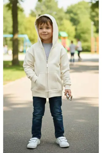 Unisex Çocuk Beden Baskısız Fermuarlı Hırka/ceket-Bej - NPLSTORE (1)