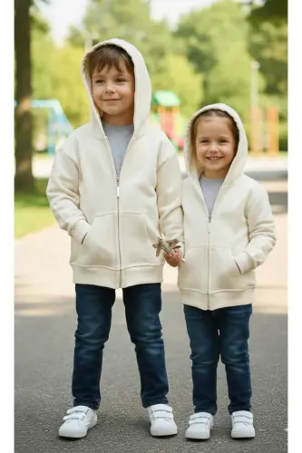 Unisex Çocuk Beden Baskısız Fermuarlı Hırka/ceket-Bej 