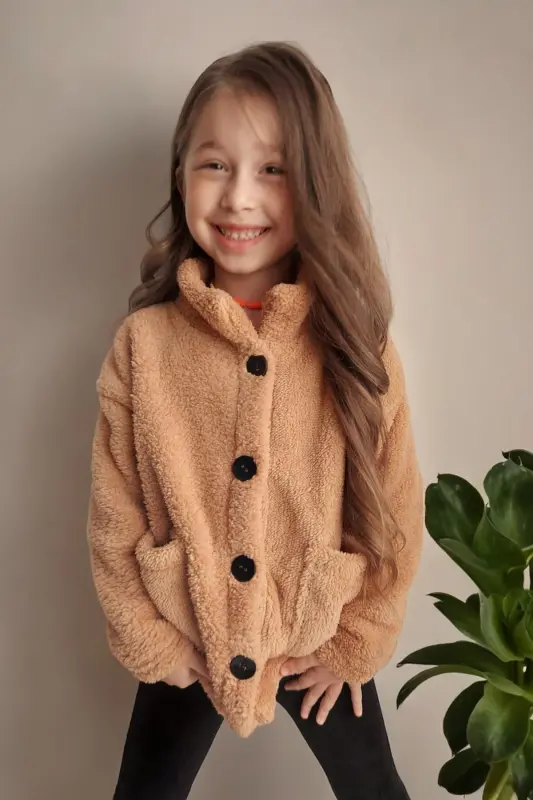 Unisex Çocuk Bej Peluş Ceket Beden Tablosuna Göre Alım Yapabilirsiniz - BEJ - QUB CLUB