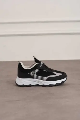 Unisex Çocuk Cırtlı lastikli Rahat Günlük Sneaker anorak Spor Ayakkabı hafif poli taban-SIYAH BEYAZ 