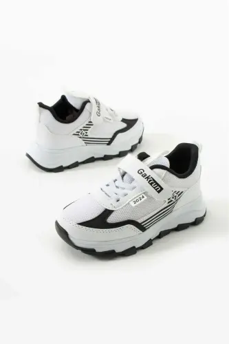 Unisex Çocuk Cırtlı lastikli Rahat Günlük Sneaker anorak Spor Ayakkabı hafif poli taban-BEYAZ SIYAH - 4