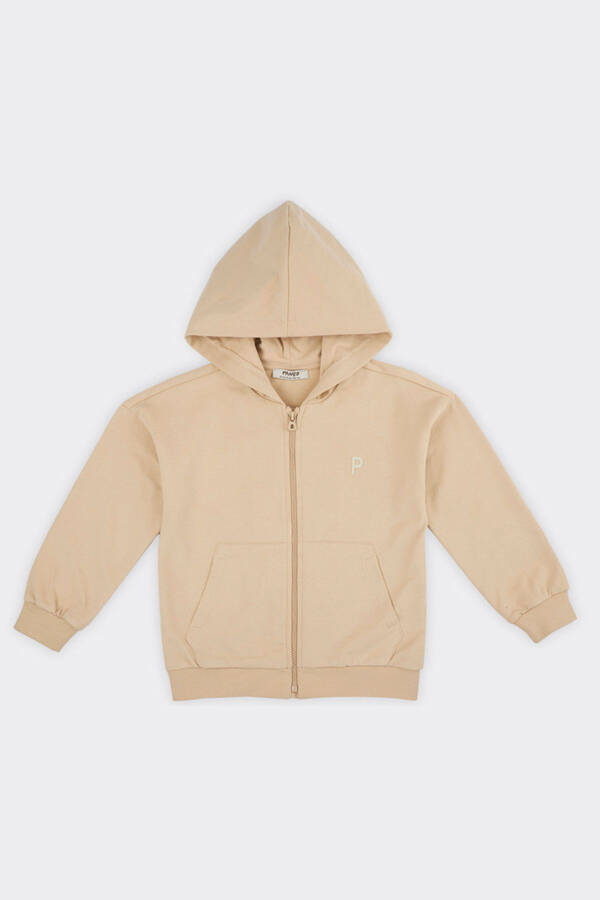 Unisex Çocuk Fermuarlı Bej Sweatshirt - 037-Bej - 1