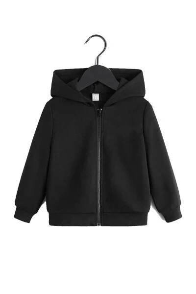 Unisex Çocuk Siyah Fermuarlı Kapüşonlu Hırka - FATELLA