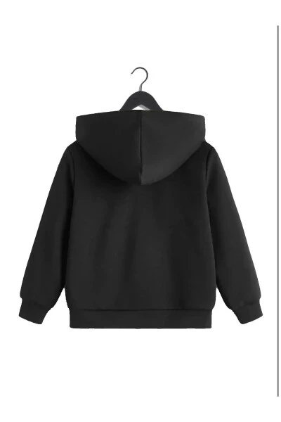 Unisex Çocuk Siyah Fermuarlı Kapüşonlu Hırka - FATELLA (1)