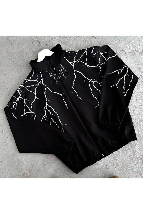 Unisex Çocuk Siyah Şimşek Dijital Baskılı İnce %100 Su Geçirmez Fermuarlı Yağmurluk Ceket-Siyah - 1