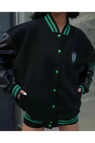 Unisex Complex Leather Arm Oversize Varsity Jacket-black - GENEL MARKALAR (1)