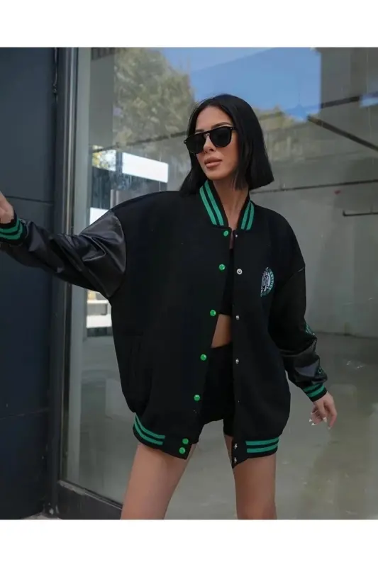 Unisex Complex Leather Arm Oversize Varsity Jacket-black - 1