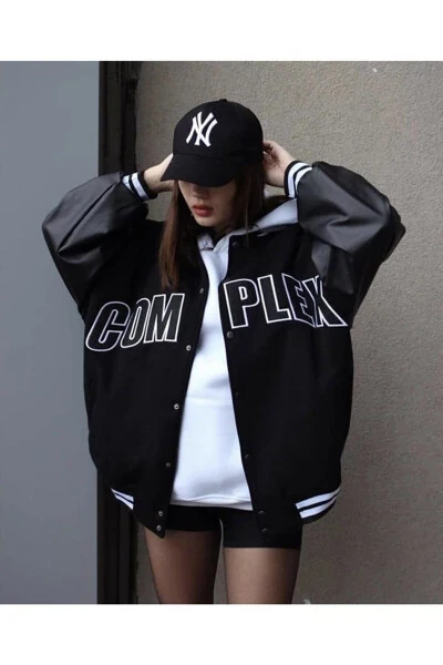 Unisex Complex Leather Sleeve Oversized College Jacket - 5