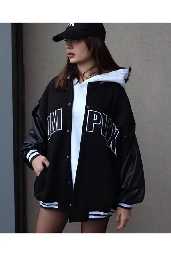 Unisex Complex Leather Sleeve Oversized College Jacket - 6