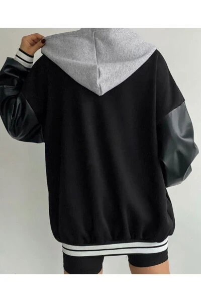 Unisex Complex Leather Sleeve Oversized College Jacket - 7