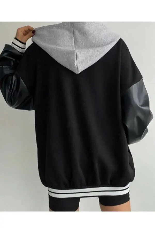 Unisex Complex Leather Sleeve Oversized College Jacket - 7
